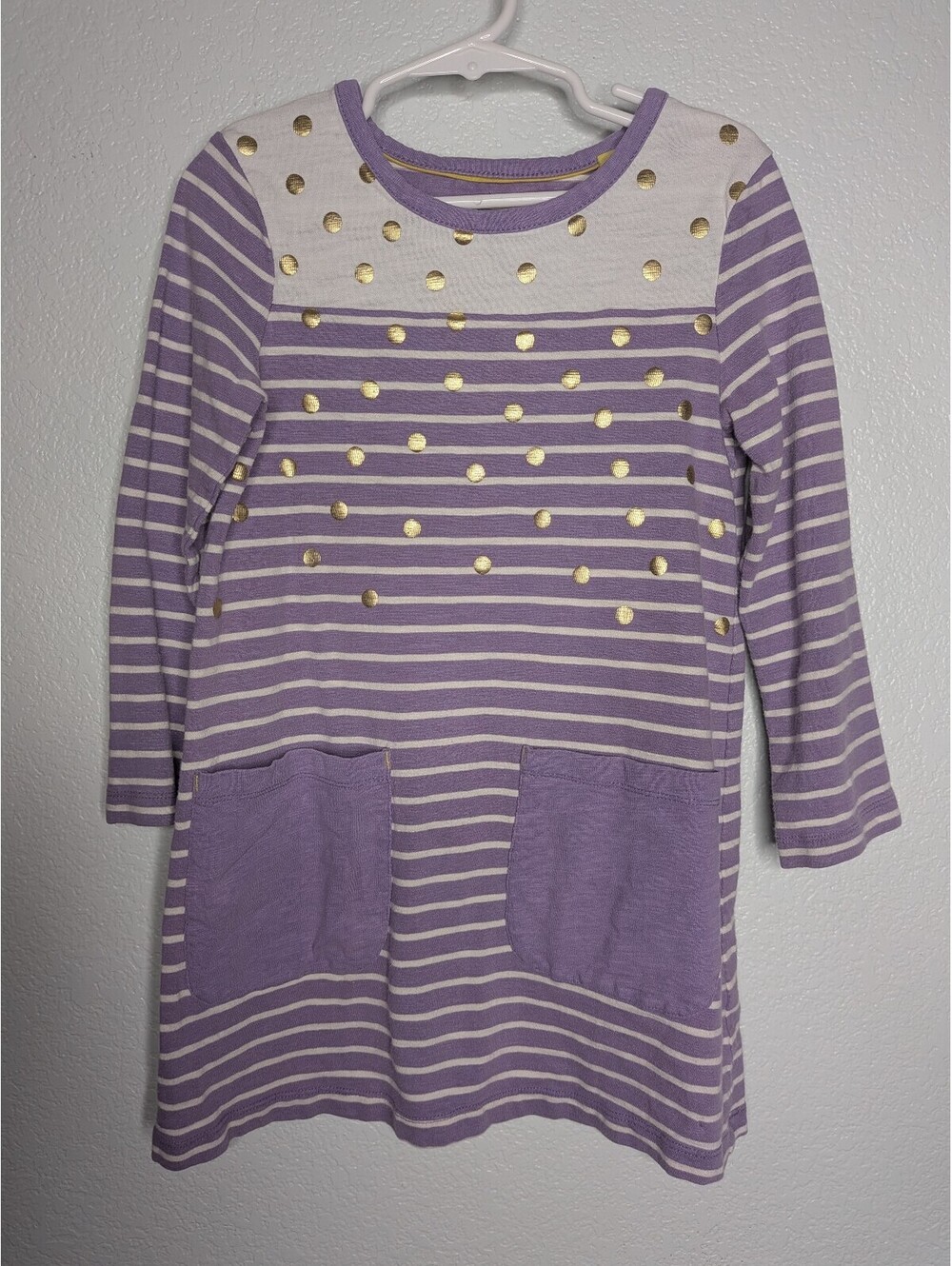 Mini Boden Girls Purple Striped Gold Polka Dot Dress Size 5-6Y
